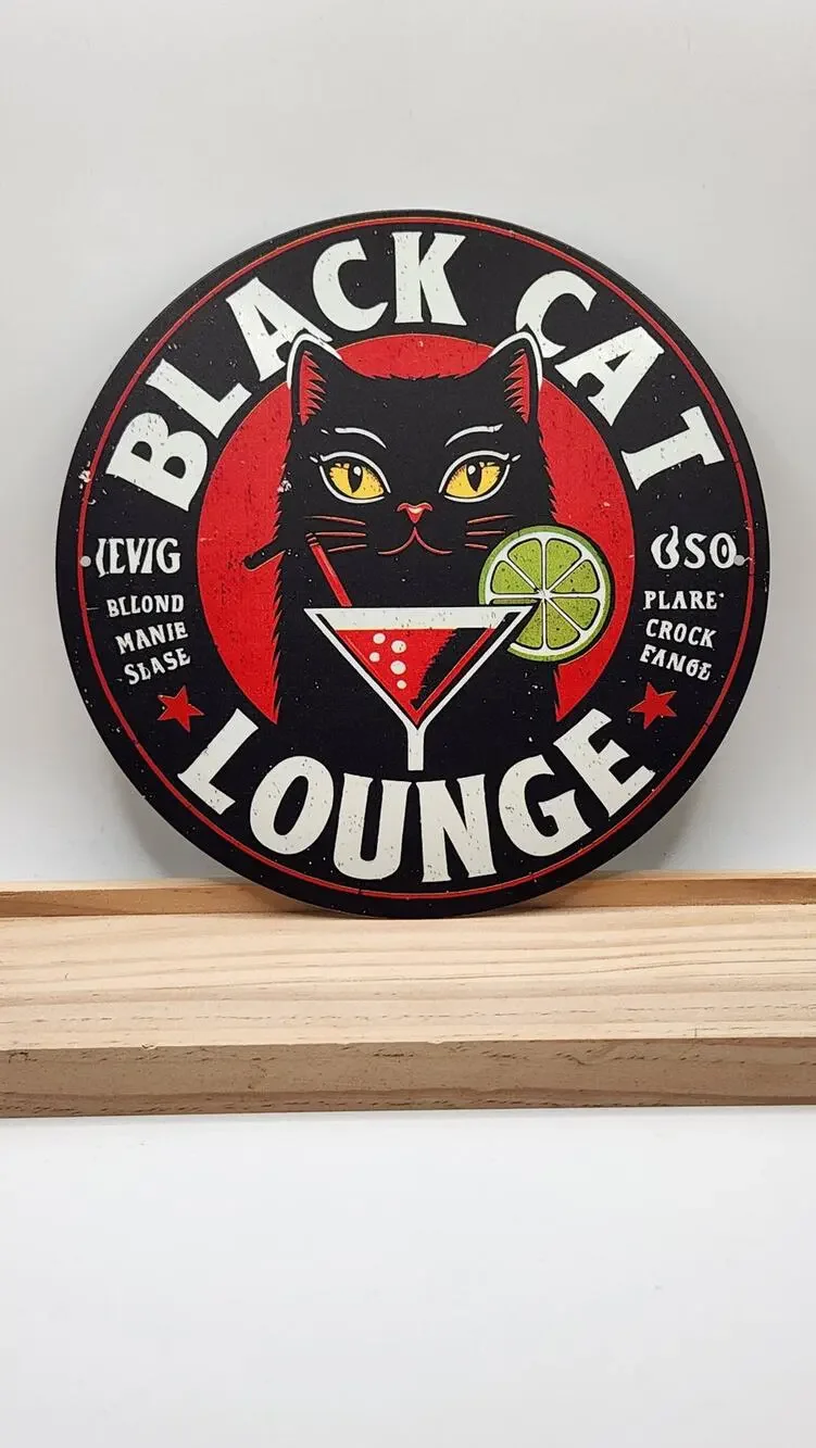 Brand New Black Cat Lounge Cocktail Round Metal Wall Sign